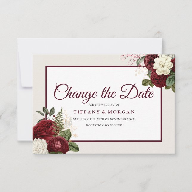 Save The Date Romantique Bourgogne Mariage Floral Changer La Dat (Devant)