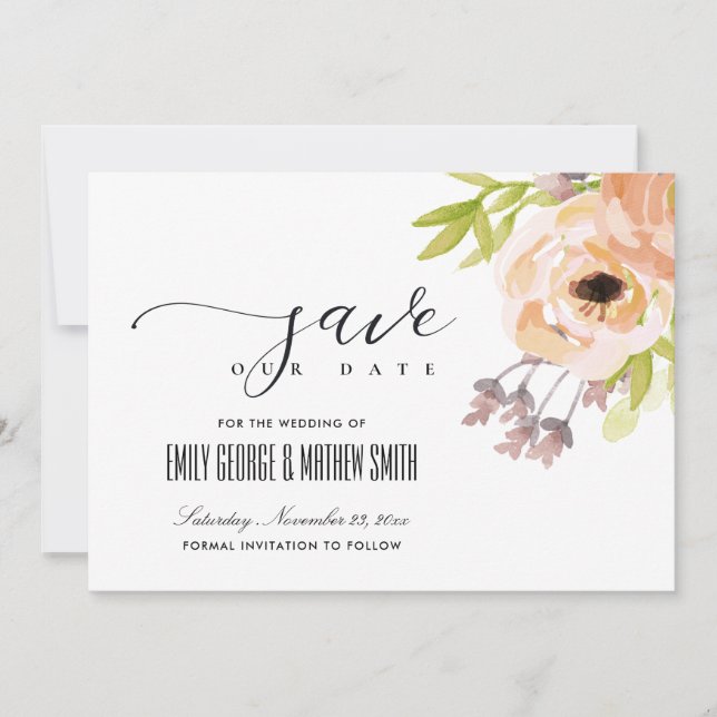 SAVE THE DATE ROMANTIQUE CHIC ROSE PÊCHE VIOLET FLEURS (Devant)