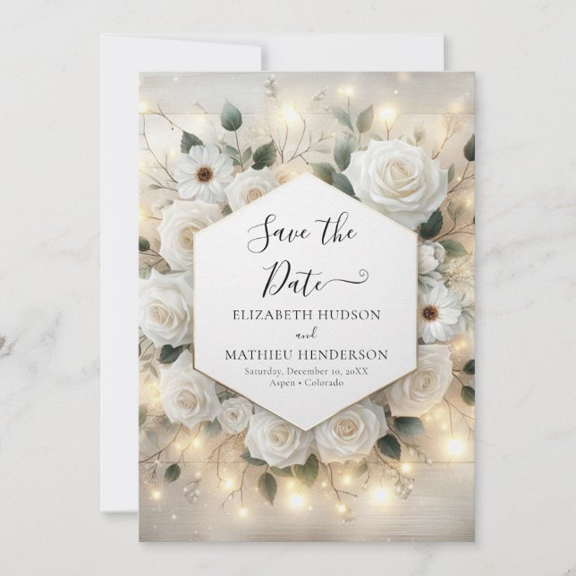 Save The Date Romantique Chic Roses Blanches Mariage (Devant)
