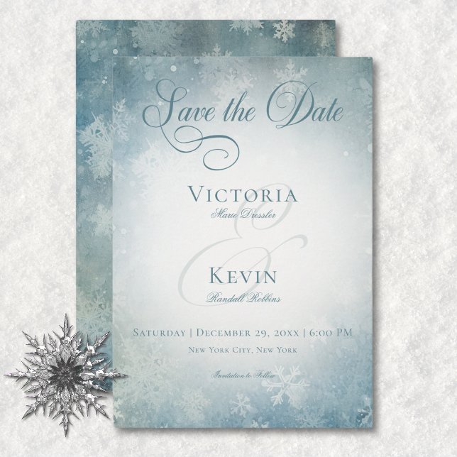 Save The Date Romantique chute neige bleu & blanc Mariage (Romantic Falling Snow Blue & White Wedding Save The Date)