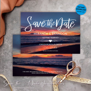 Save The Date Romantique Coucher de soleil bleu Eté Plage Mariag