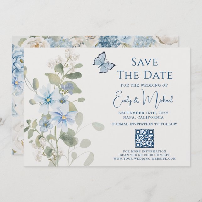 Save The Date Romantique Dusty Blue Floral Code QR Mariage (Devant / Derrière)