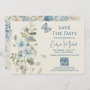 Save The Date Romantique Dusty Blue Floral Code QR Mariage