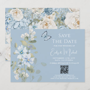 Save The Date Romantique Dusty Blue Floral Code QR Mariage