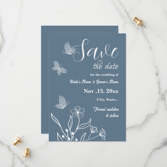 Save The Date Romantique élégant bleu foncé mariage (Devant/Arrière en situation)