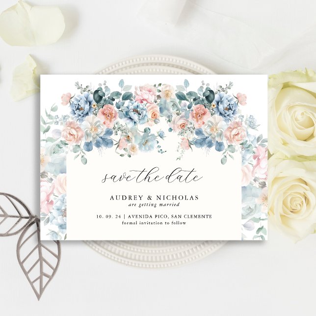 Save The Date Romantique Élégant Dusty Blue Peach Florals Mariag (Créateur téléchargé)