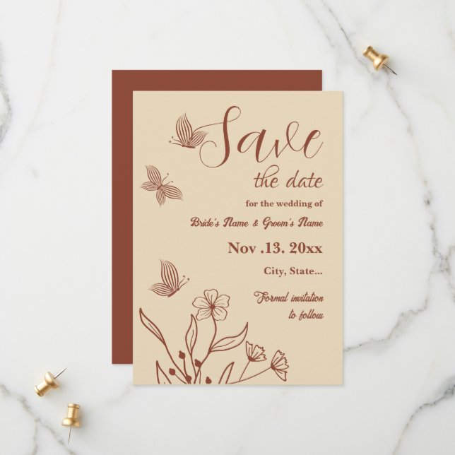 Save The Date Romantique élégant mariage à fleurs en terre cuite (Devant/Arrière en situation)