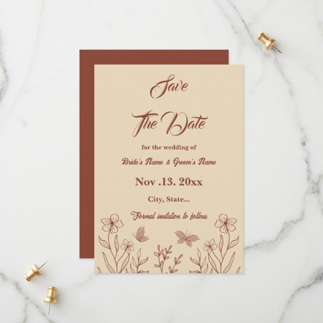 Save The Date Romantique élégant mariage à fleurs en terre cuite (Devant/Arrière en situation)