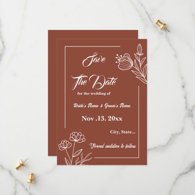 Save The Date Romantique élégant mariage à fleurs en terre cuite (Devant/Arrière en situation)