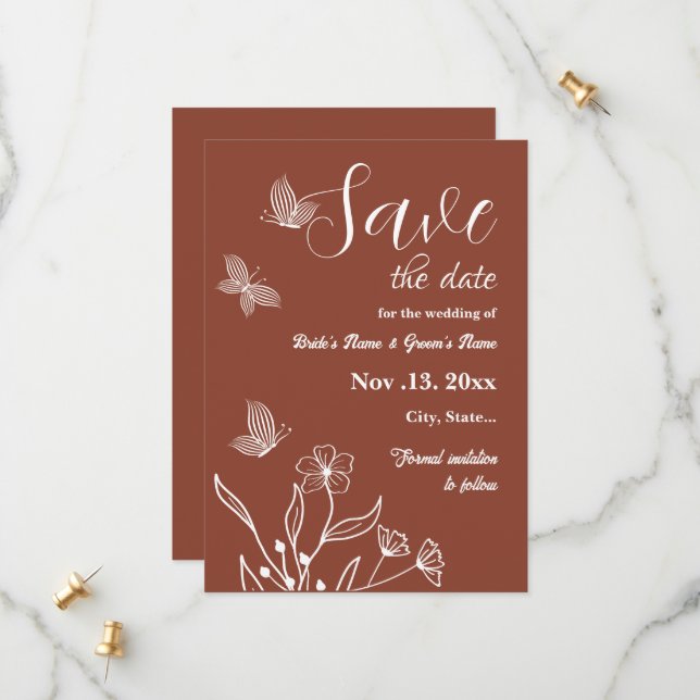 Save The Date Romantique élégant mariage à fleurs en terre cuite (Devant/Arrière en situation)
