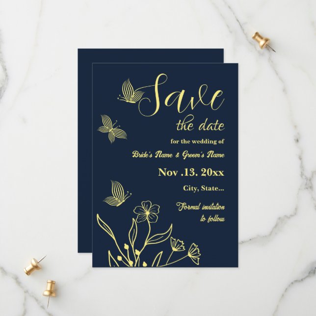 Save The Date Romantique élégant mariage de la marine fleur or (Devant/Arrière en situation)