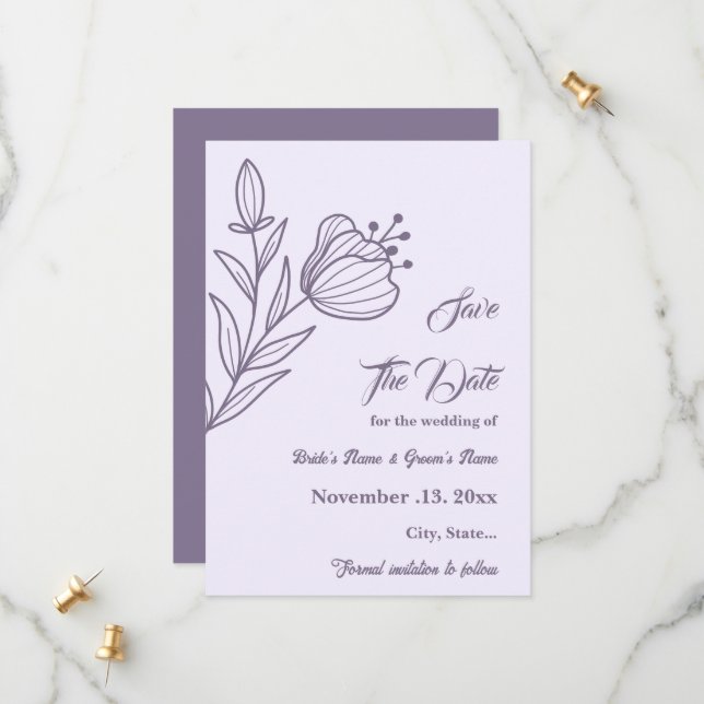 Save The Date Romantique élégant mariage floral mauve (Devant/Arrière en situation)