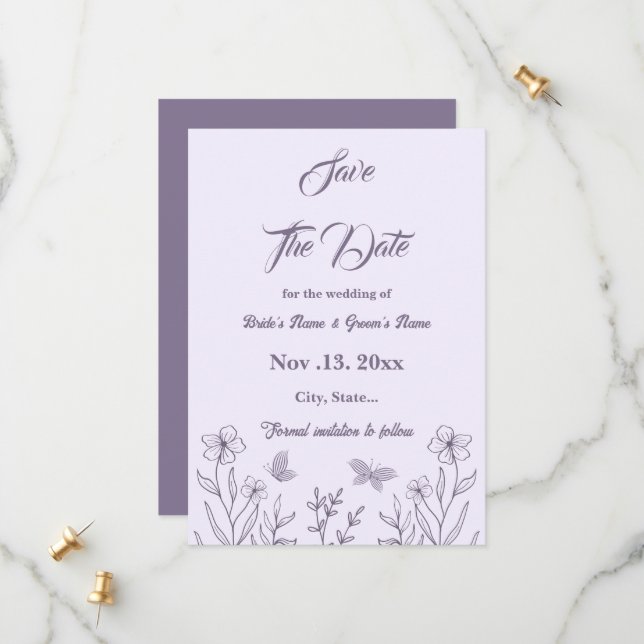 Save The Date Romantique élégant mariage floral mauve (Devant/Arrière en situation)
