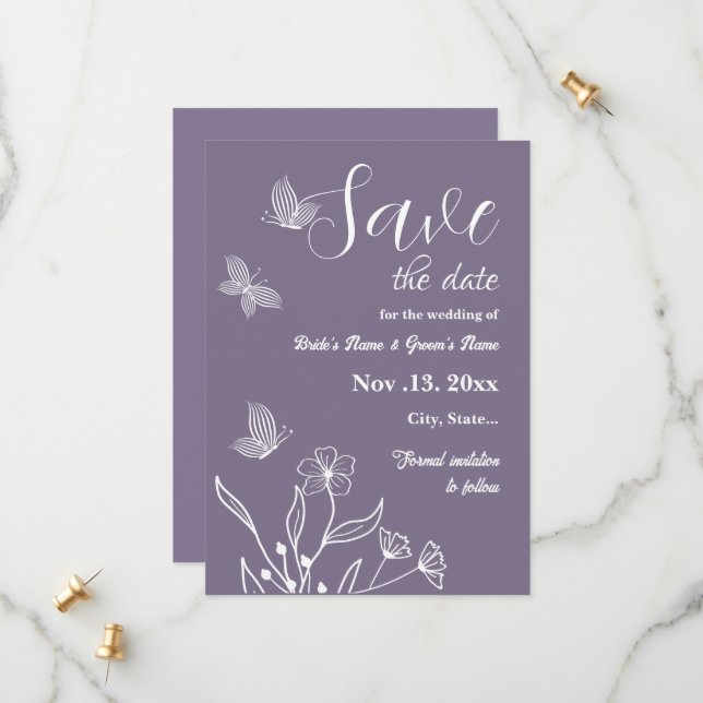 Save The Date Romantique élégant mariage floral mauve (Devant/Arrière en situation)