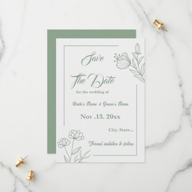 Save The Date Romantique élégant mariage floral vert sauge (Devant/Arrière en situation)