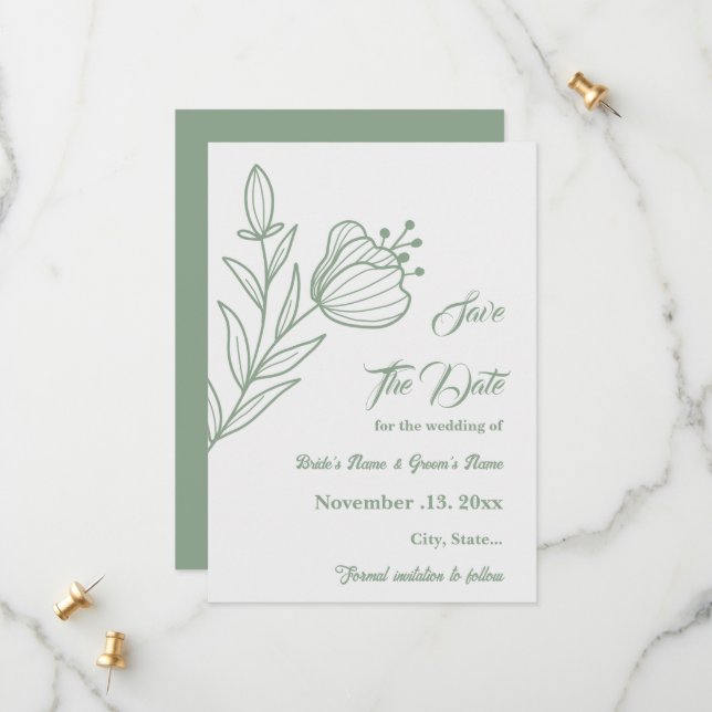 Save The Date Romantique élégant mariage floral vert sauge (Devant/Arrière en situation)
