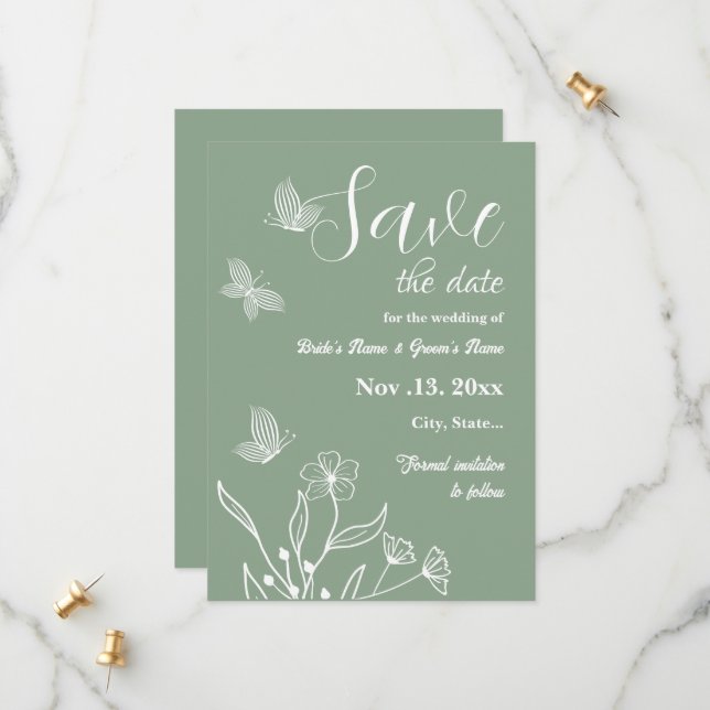 Save The Date Romantique élégant mariage floral vert sauge (Devant/Arrière en situation)