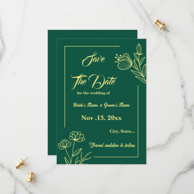 Save The Date Romantique élégant or fleur émeraude mariage vert  (Devant/Arrière en situation)