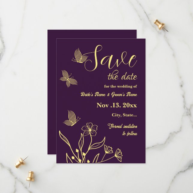 Save The Date Romantique élégant or fleur violet mariage (Devant/Arrière en situation)