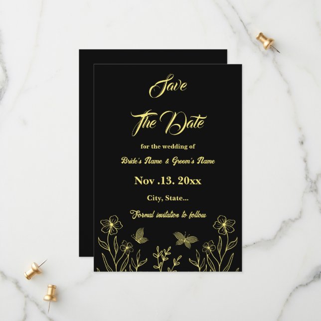Save The Date Romantique élégante fleur d'or noir mariage (Devant/Arrière en situation)