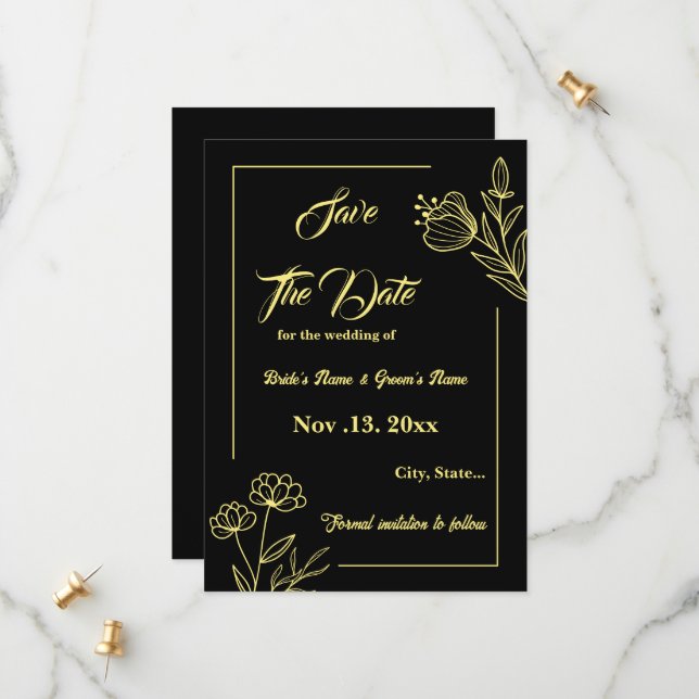 Save The Date Romantique élégante fleur d'or noir mariage (Devant/Arrière en situation)