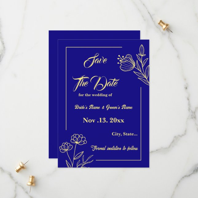 Save The Date Romantique élégante fleur or royal bleu mariage (Devant/Arrière en situation)