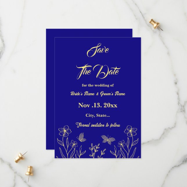 Save The Date Romantique élégante fleur or royal bleu mariage (Devant/Arrière en situation)