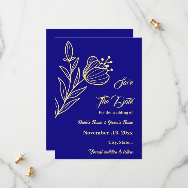 Save The Date Romantique élégante fleur or royal bleu mariage (Devant/Arrière en situation)