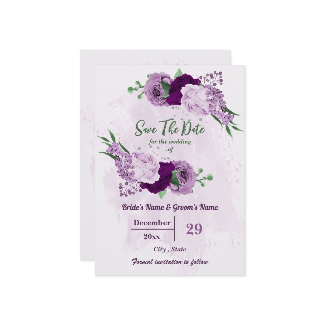 Save The Date Romantique fleurs violet vert mariage (Devant/Arrière en situation)