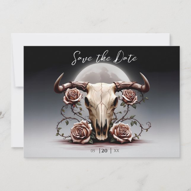 Save The Date Romantique Médiéval Mariage crâne de vache florale (Devant)
