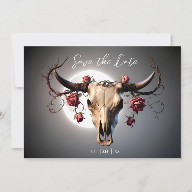 Save The Date Romantique Médiéval Mariage crâne de vache florale (Devant)
