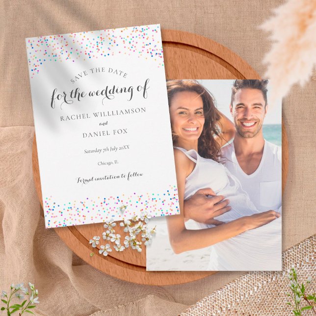 Save The Date Romantique Rainbow Confetti Photo (Créateur téléchargé)