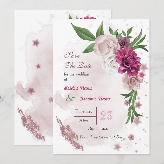 Save The Date Romantique rose mauve blanc fleurs verdure (Devant / Derrière)