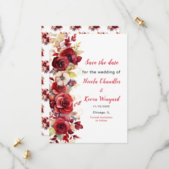 Save The Date Romantique Roses Rouges Mariage Floral (Devant/Arrière en situation)