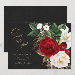 Save The Date Romantique Rouge Floral Bouquet Noir & Or Mariage