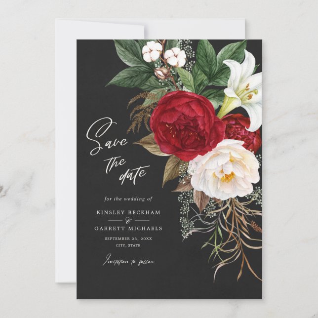 Save The Date Romantique rouge floral noir parchemin Mariage ivo (Devant)