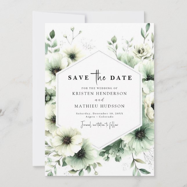 Save The Date Romantique Terme Botanique Sage Vert Mariage (Devant)