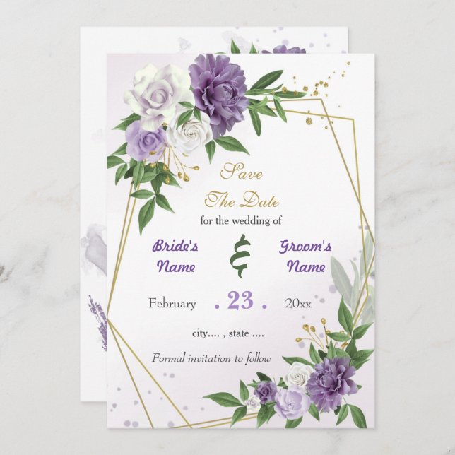 Save The Date Romantique violet fleurs blanches or géométrique (Devant / Derrière)