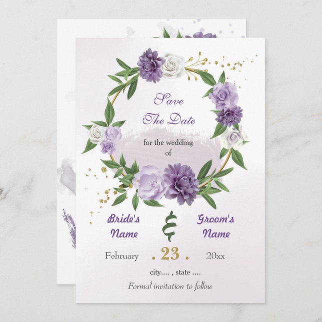 Save The Date Romantique violet fleurs blanches rouge couronne o (Devant / Derrière)
