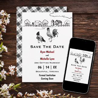 Save The Date Rooster and Hen Chicken Country Farm Wedding