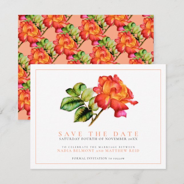 Save The Date Rose à thé hybride rayé aquarelle orange mariage (Devant / Derrière)