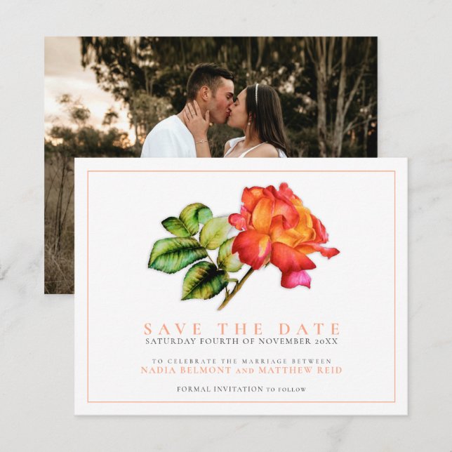 Save The Date Rose à thé rayé aquarelle orange mariage photo (Devant / Derrière)