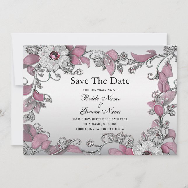 Save The Date Rose Argent Blanc Floral Enregistrer La Date (Devant)