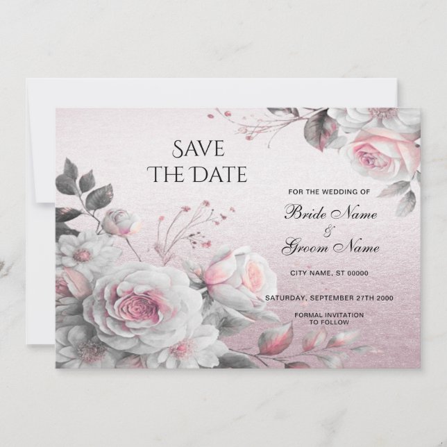 Save The Date Rose Blanc Floral Enregistrer La Date (Devant)