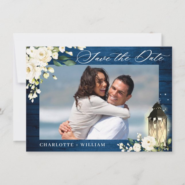 Save The Date Rose blanche Mariage photo en bois bleu (Devant)