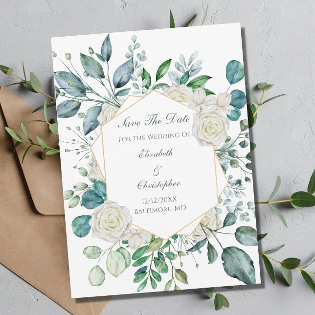 Save The Date Rose blanche verdure Eucalyptus Mariage  (Créateur téléchargé)