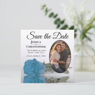 Save The Date Rose bleu turquoise sur Mariage photo ovale blanc