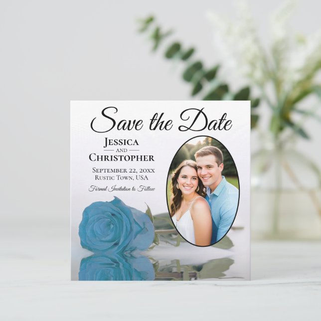 Save The Date Rose bleu turquoise sur Mariage photo ovale blanc (Debout devant)