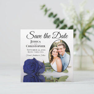 Save The Date Rose Bleue Marine Élégante sur Photo Ovale Blanche