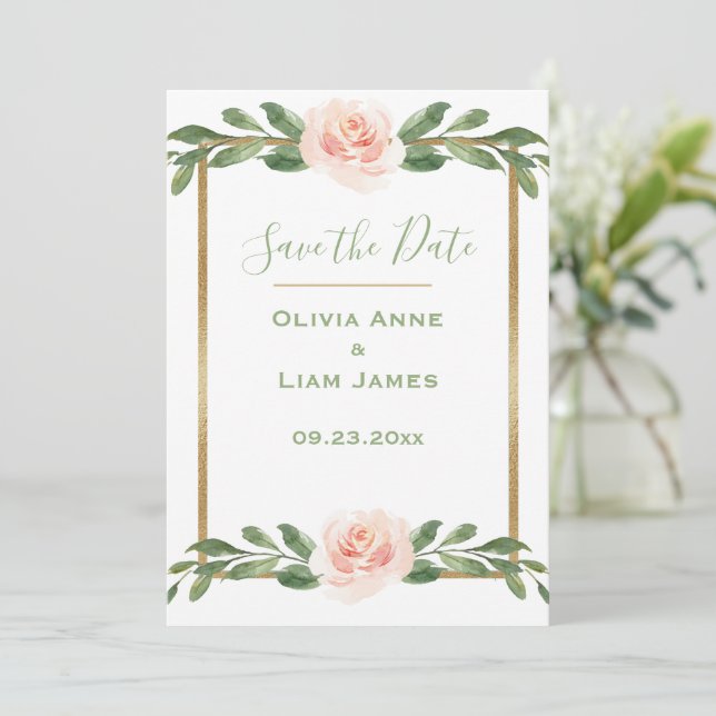 Save The Date Rose Blush Romantique Floral Élégant Script Or (Debout devant)